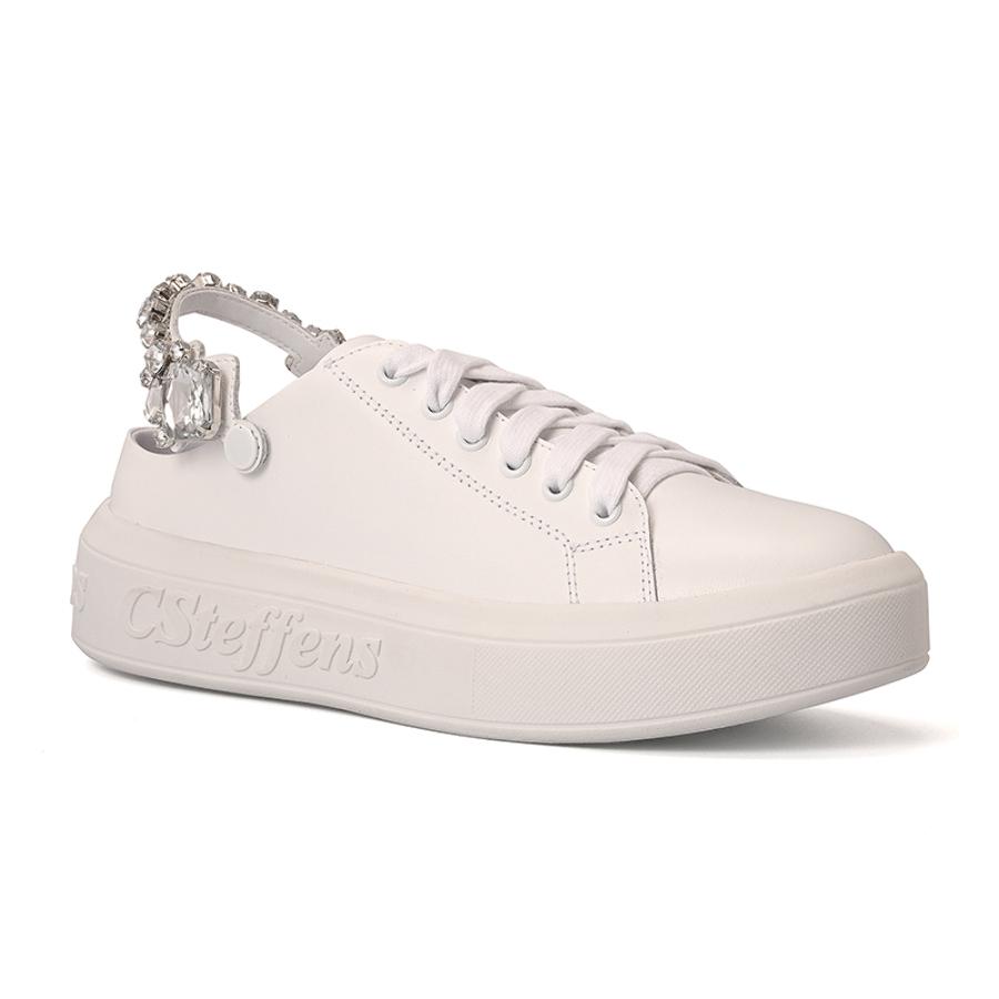 White Leather Sneakers with Crystal Detailing
