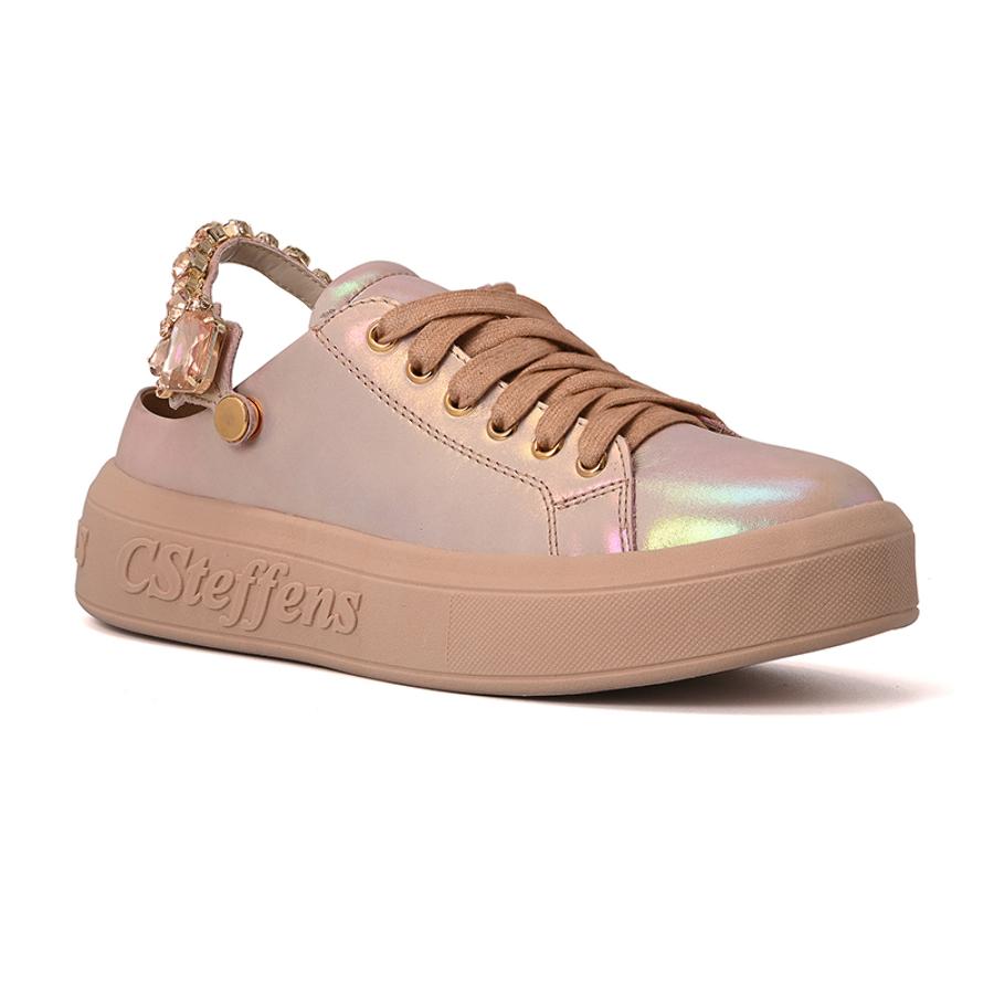 Holographic Iridescent Leather Sneakers with Rhinestones