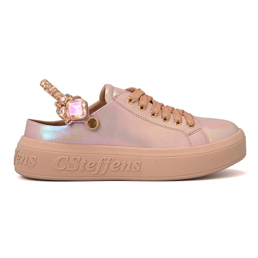 Holographic Iridescent Leather Sneakers with Rhinestones