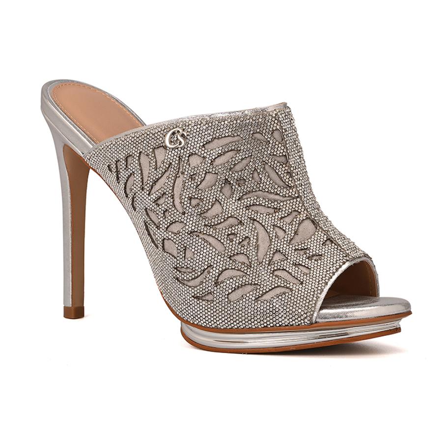 High Heel Mules with Laser Cutouts in Aluminum Silver