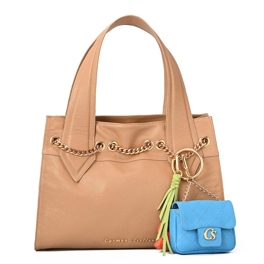 Beige Camel Shoulder Bag with Charm Bag