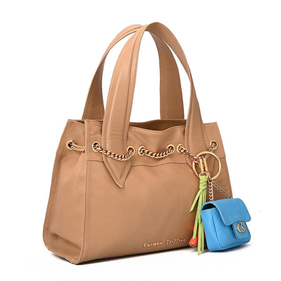 Beige Camel Shoulder Bag with Charm Bag