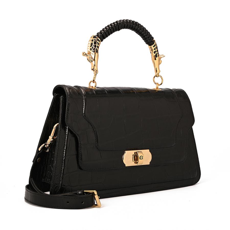 Black Croco Leather Top Handle Bag