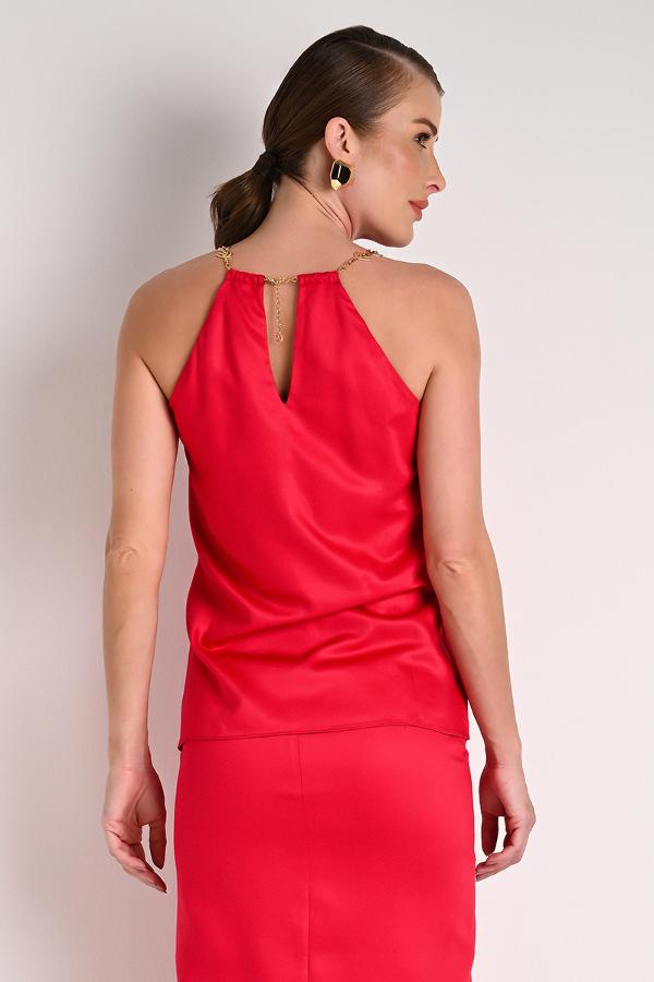Halter Neck Tank Top with Red Metal Strap