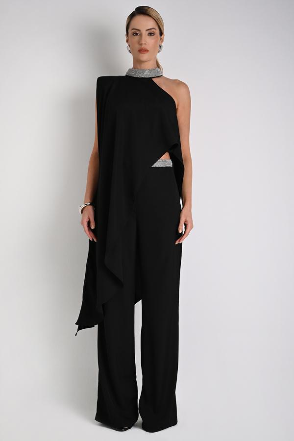 Asymmetric Blouse with Black Overlay