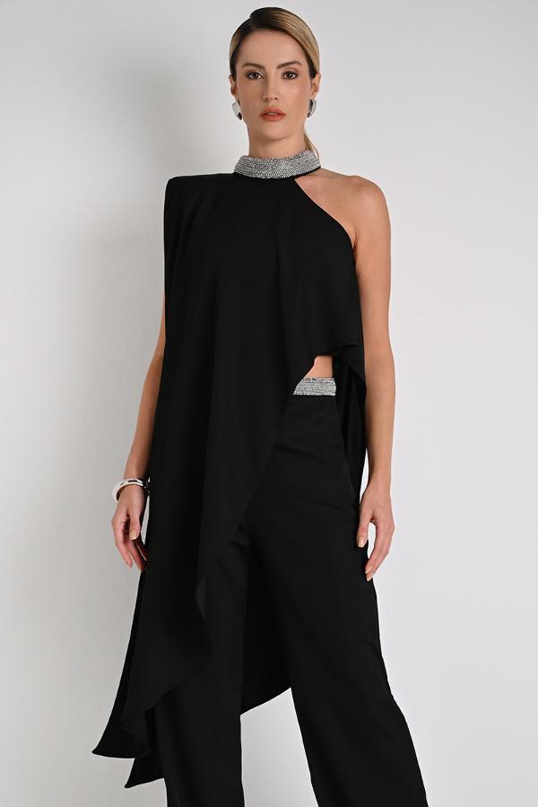 Asymmetric Blouse with Black Overlay