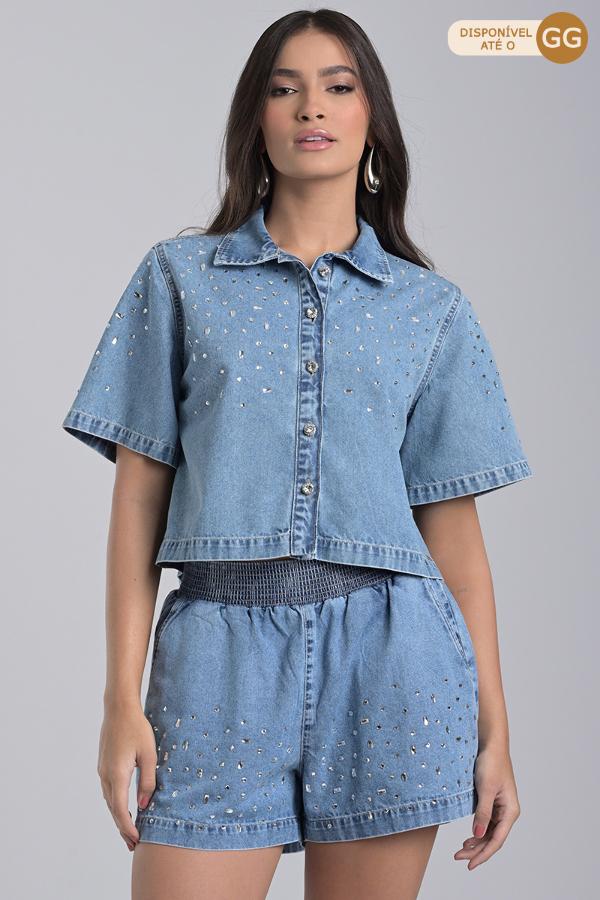 Cropped Jeans Shirt with Crystals