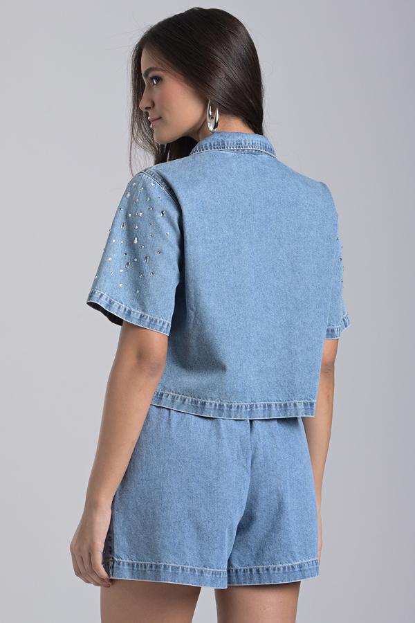 Cropped Jeans Shirt with Crystals