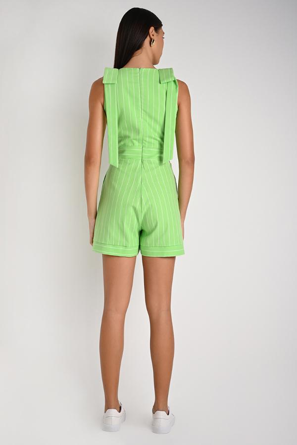 Green Striped Shoulder Bow Romper