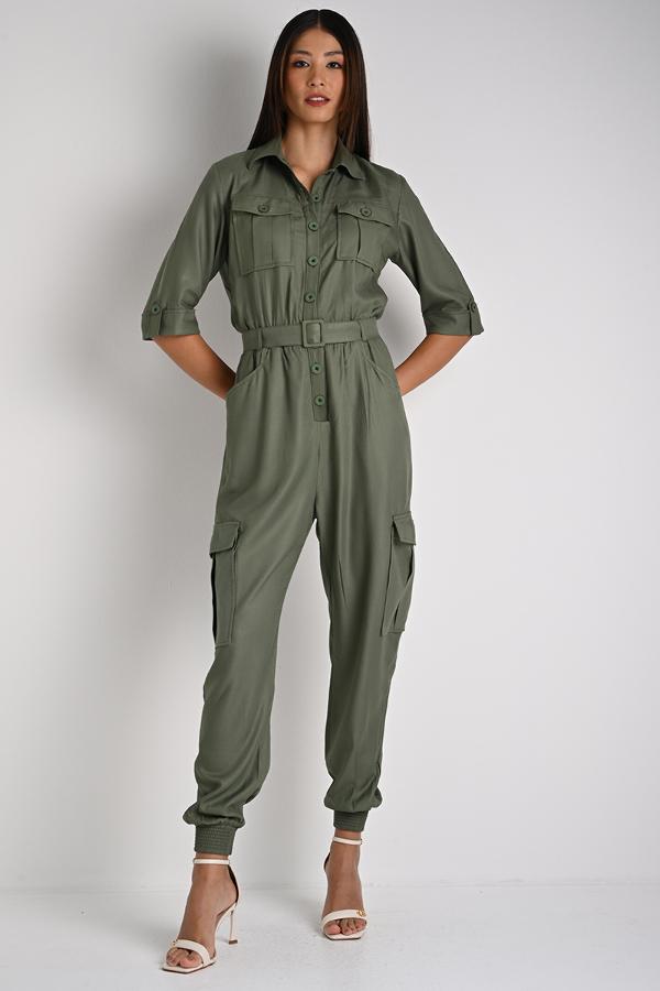 Jumpsuit Jogger with Military Lapel Detail