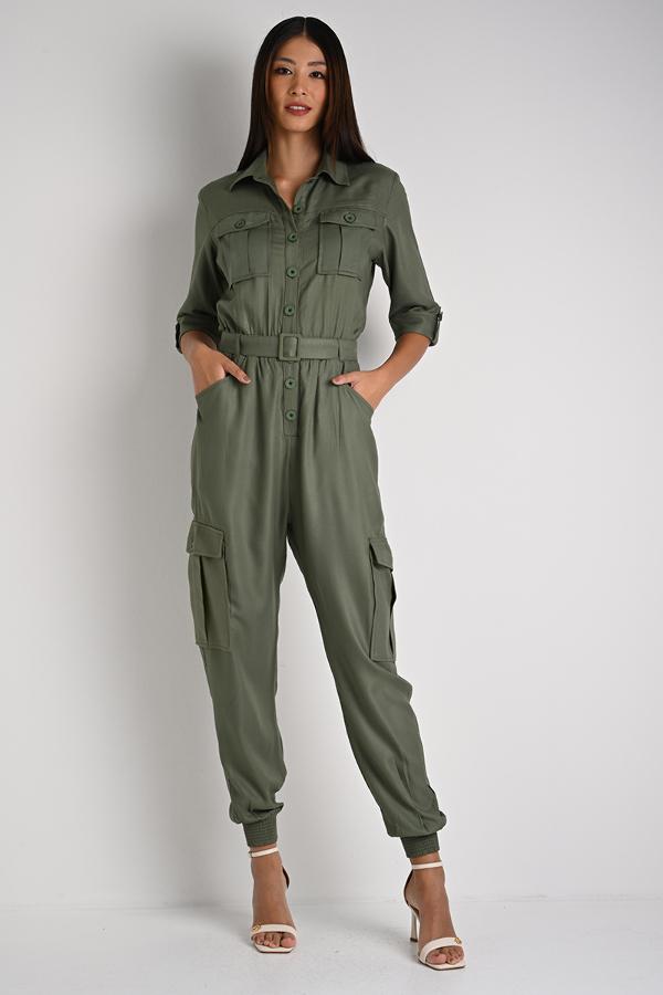 Jumpsuit Jogger with Military Lapel Detail