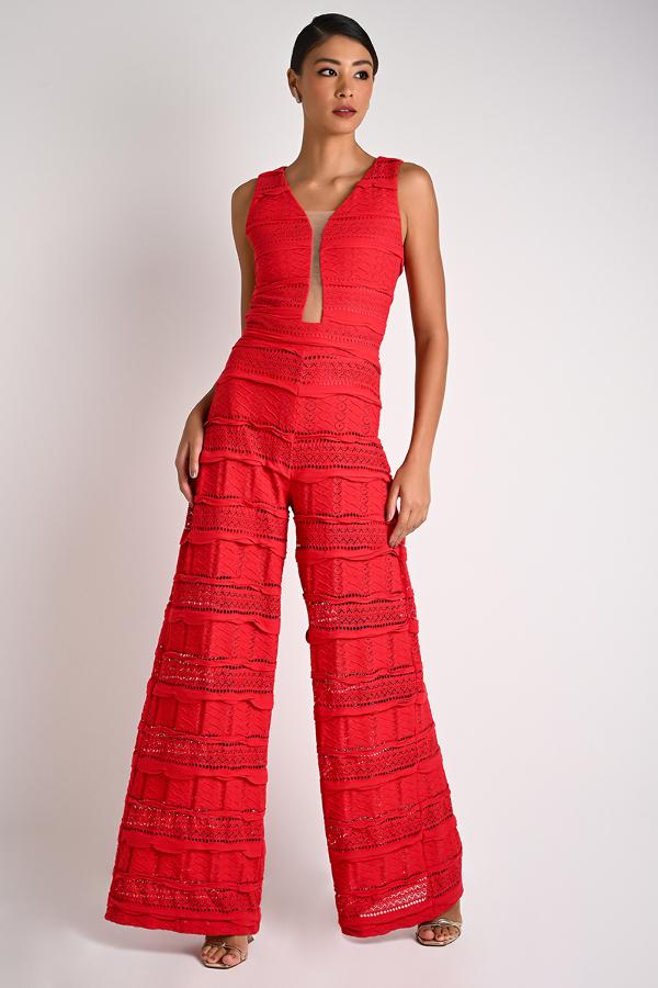 Red Jumpsuit with Transparent Neckline