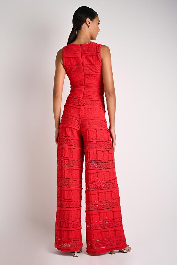 Red Jumpsuit with Transparent Neckline
