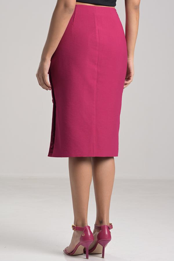 Fuchsia Midi Skirt with Slit and Buttons