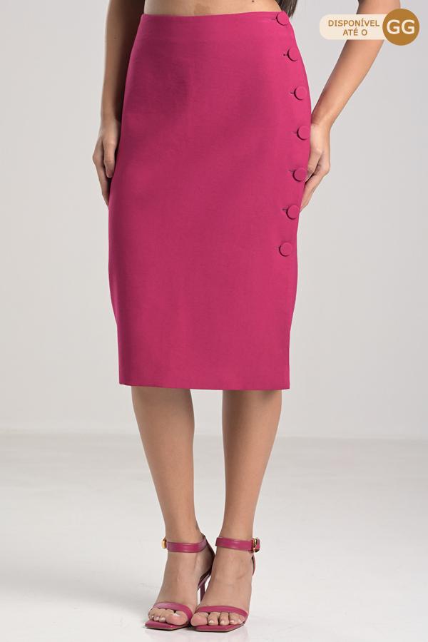 Fuchsia Midi Skirt with Slit and Buttons