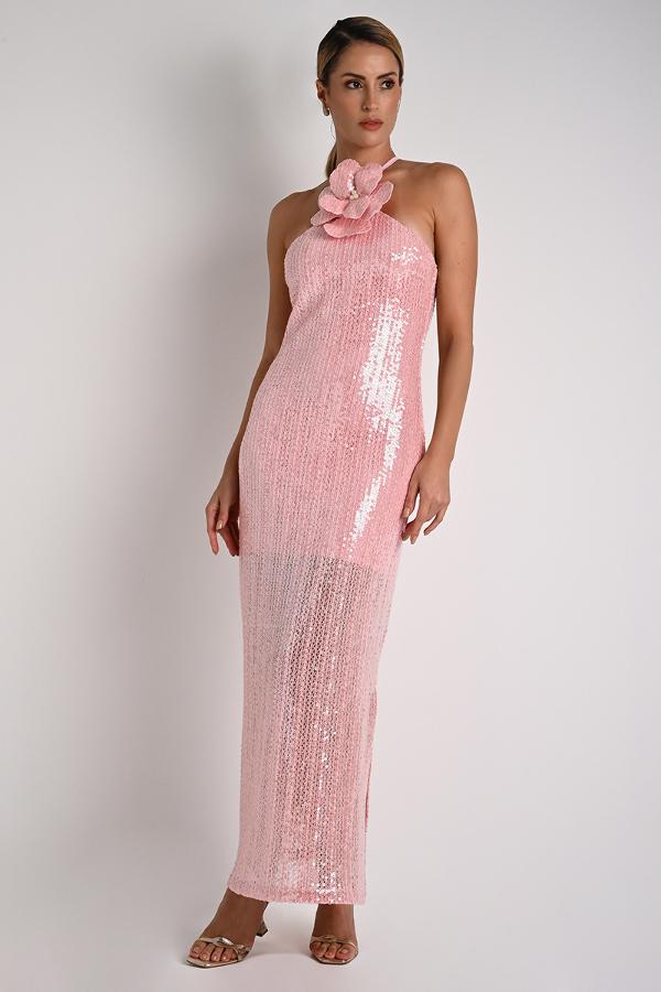 Midi Dress with Side Slits in Pink Lily