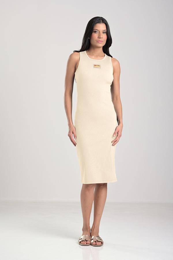 Beige Knit Dress with Racerback Neckline