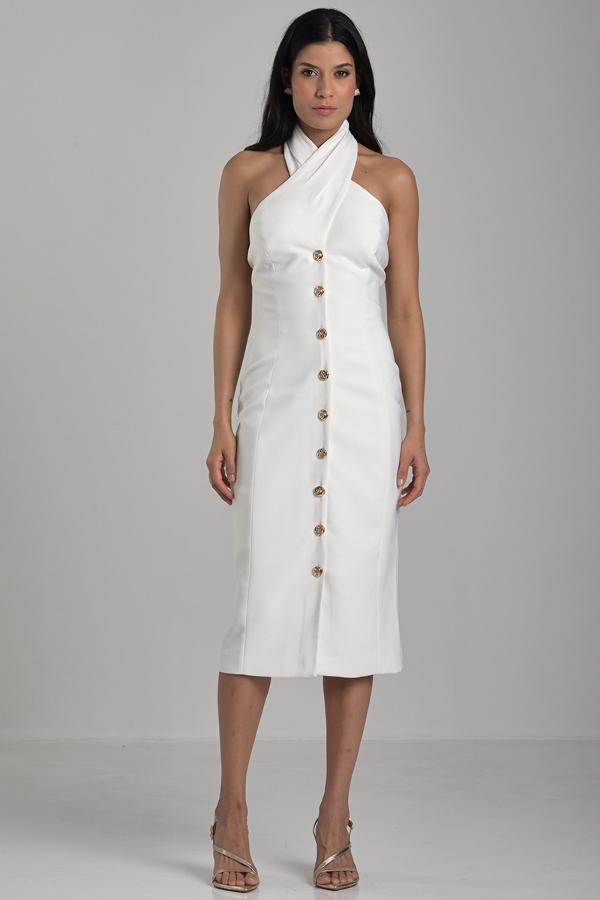 Tailored Dress with Crossed Neckline Off-White