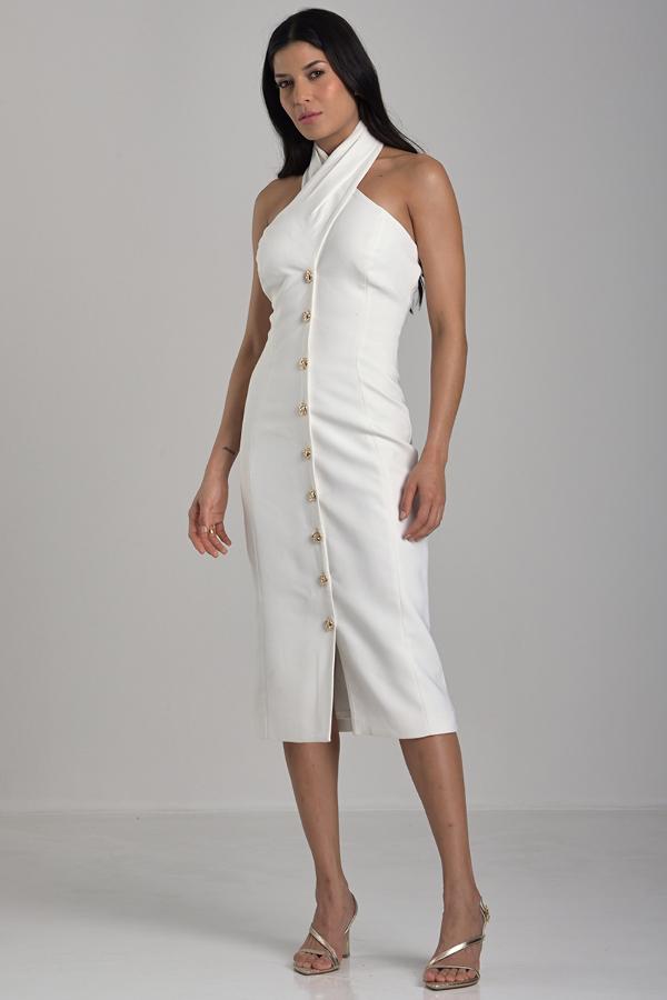 Tailored Dress with Crossed Neckline Off-White