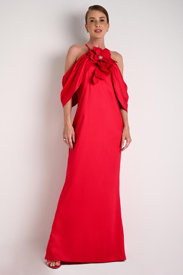 Long Dress with Floral Applique in Red