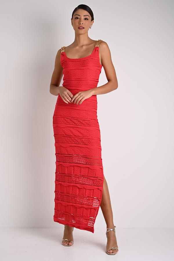 Midi Sheath Dress with Mesh Effect in Red