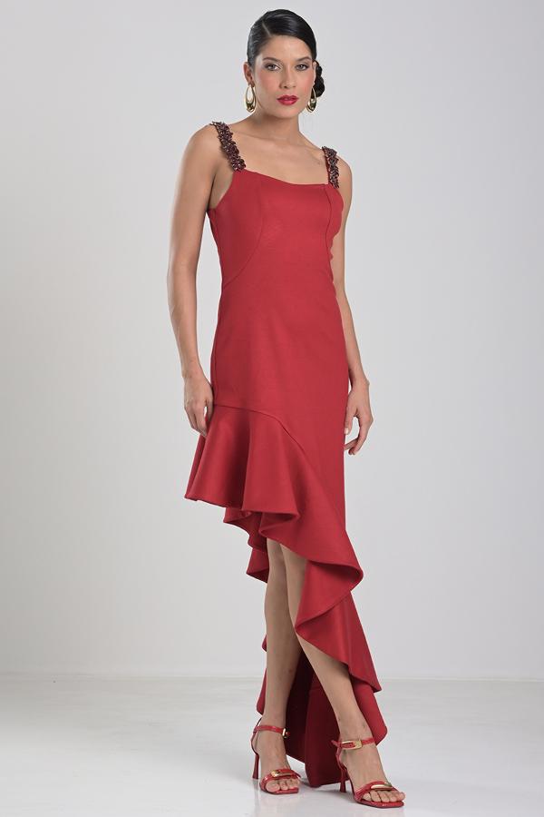 Asymmetric Red Dress with Cascade Ruffle