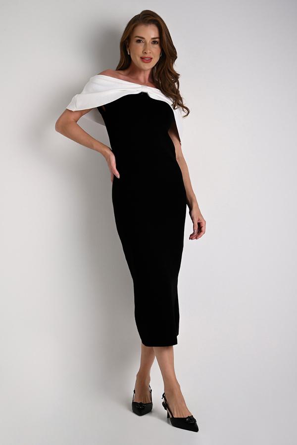 Midi Off-Shoulder Black and White Dress