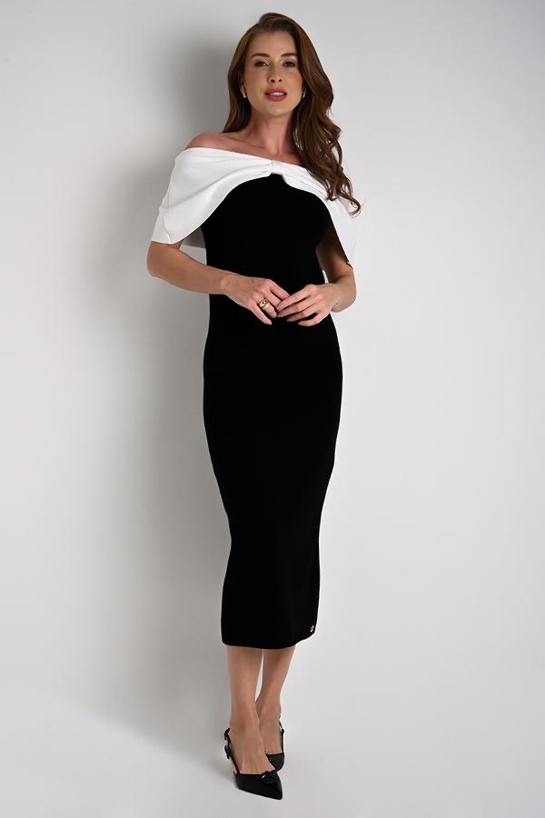 Midi Off-Shoulder Black and White Dress