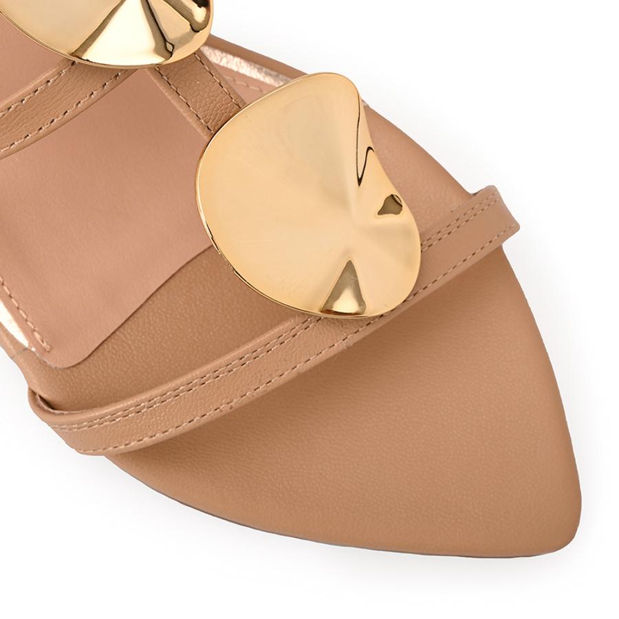 Beige Camel Flat Sandal with Thin Straps and Metal Details