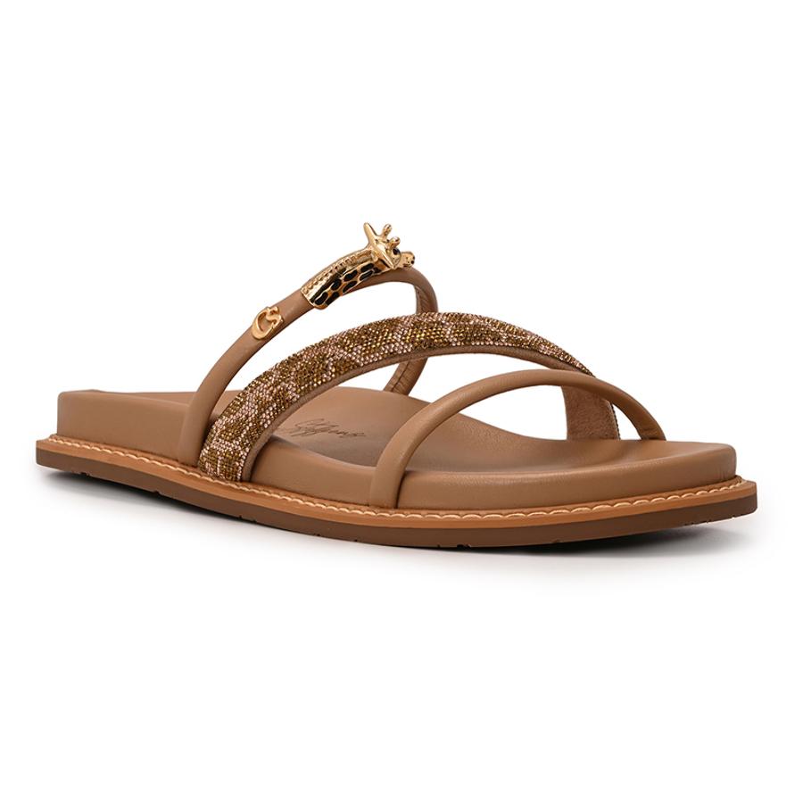 Beige Camel Sandals with Giraffe Crystal and Metal Straps