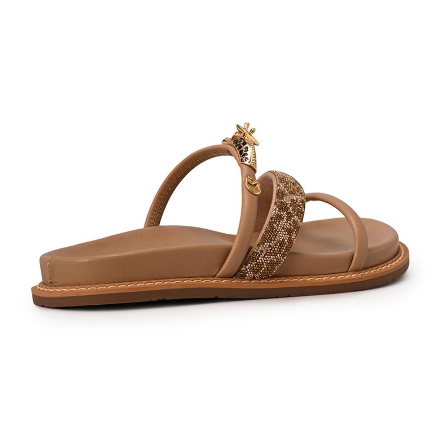 Beige Camel Sandals with Giraffe Crystal and Metal Straps