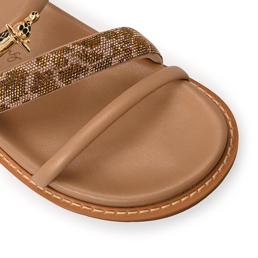 Beige Camel Sandals with Giraffe Crystal and Metal Straps