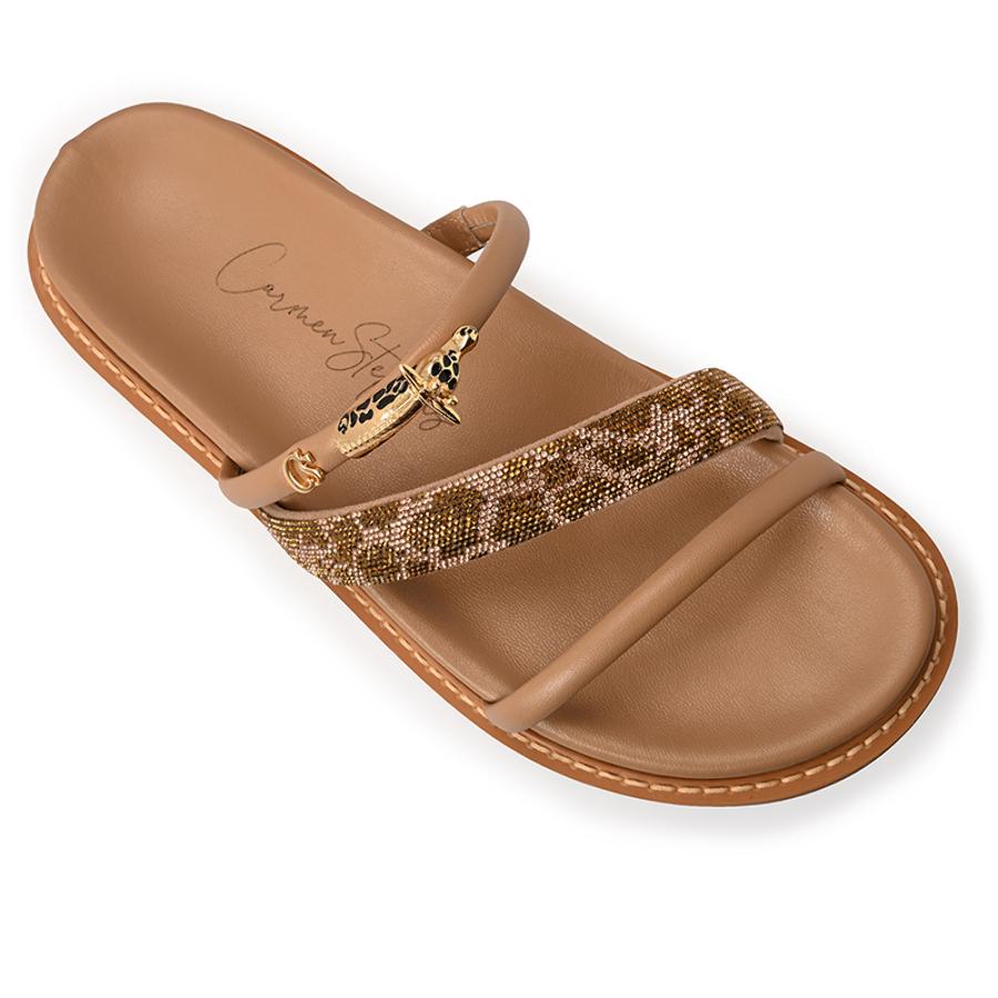 Beige Camel Sandals with Giraffe Crystal and Metal Straps