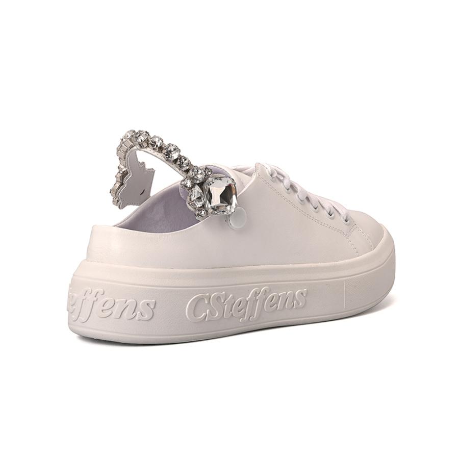 White Leather Sneakers with Crystal Detailing