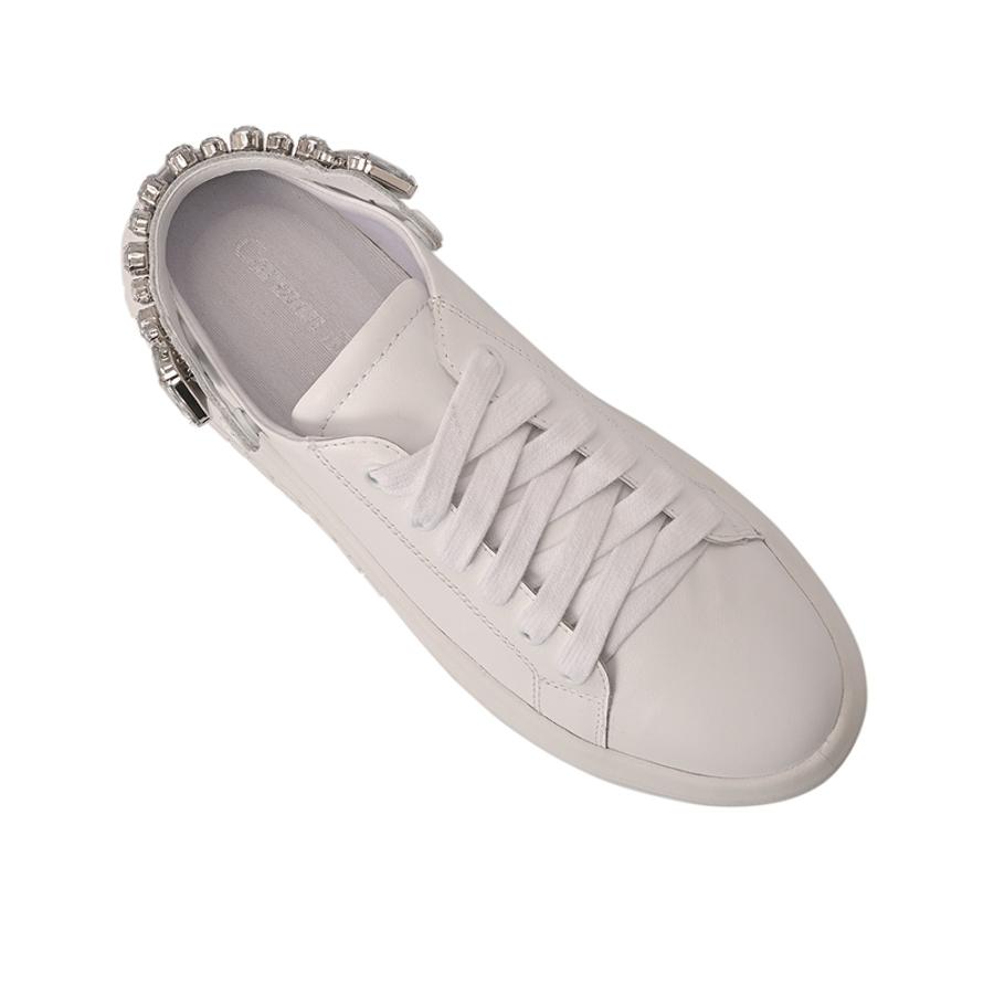White Leather Sneakers with Crystal Detailing