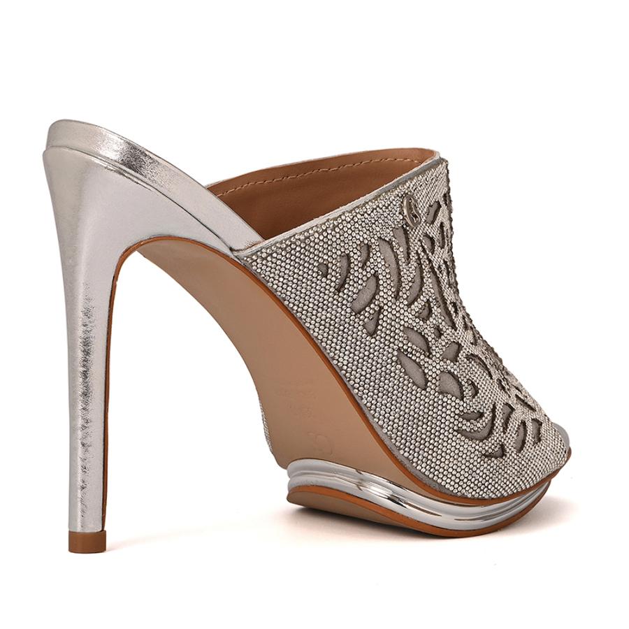 High Heel Mules with Laser Cutouts in Aluminum Silver