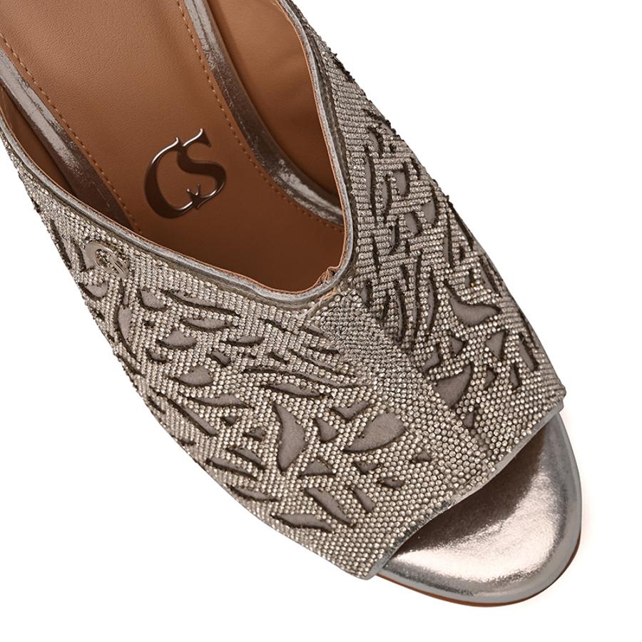 High Heel Mules with Laser Cutouts in Aluminum Silver
