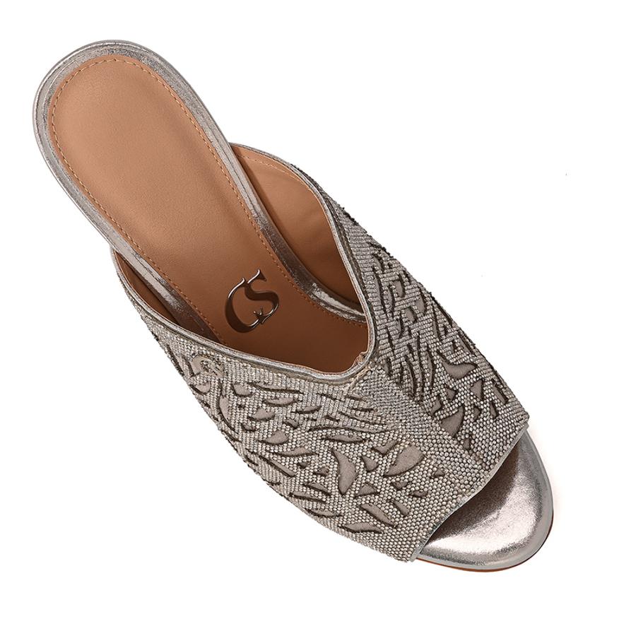 High Heel Mules with Laser Cutouts in Aluminum Silver