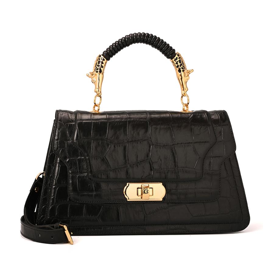 Black Croco Leather Top Handle Bag