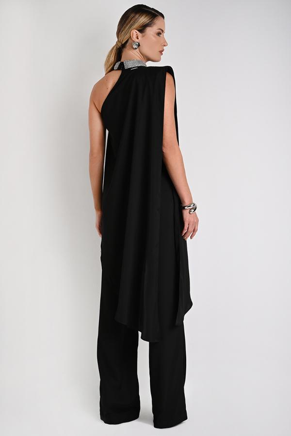 Asymmetric Blouse with Black Overlay
