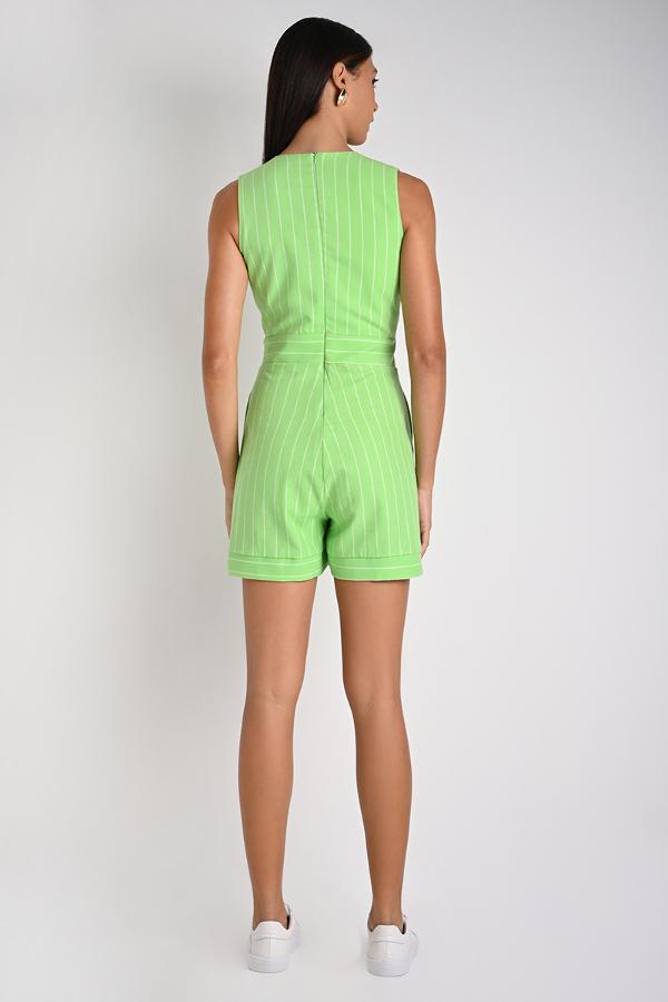 Green Striped Shoulder Bow Romper