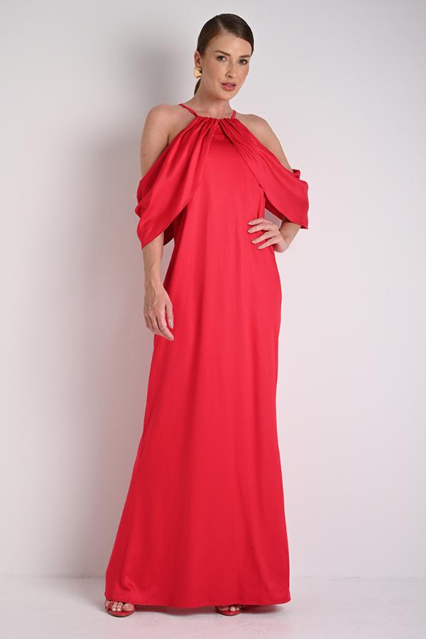Long Dress with Floral Applique in Red